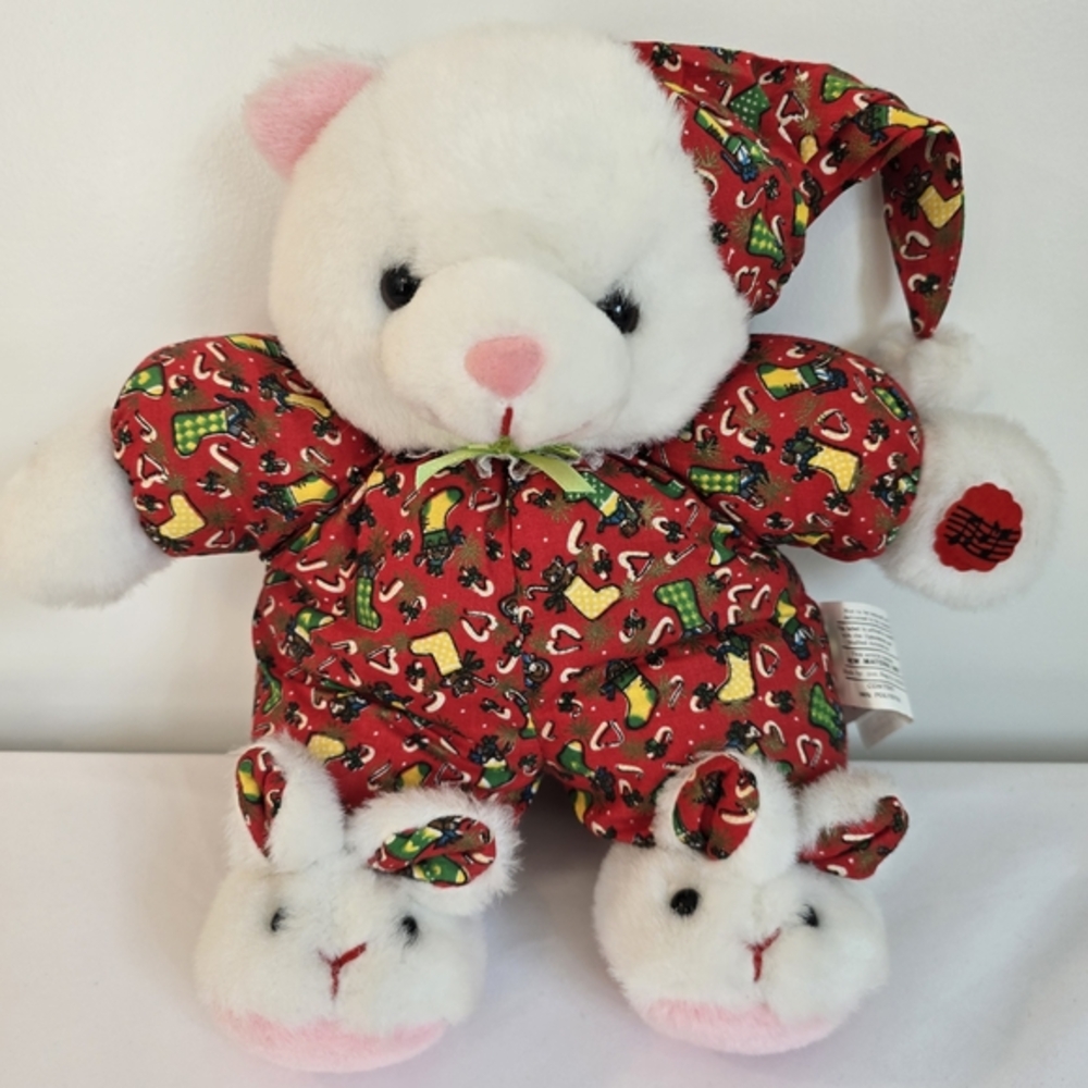 Vintage - Christmas Festive White and Red Plush Bear Toy 1990s